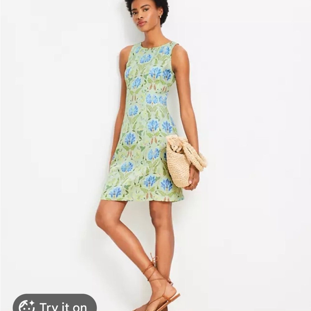 LOFT Garden Green Floral Sleeveless A-Line Dress with Blue Blooms. Linen